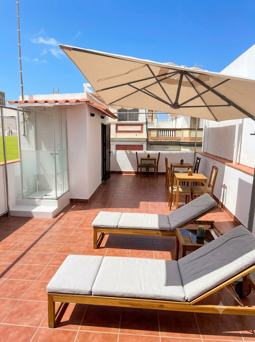 Sun loungers and parasol